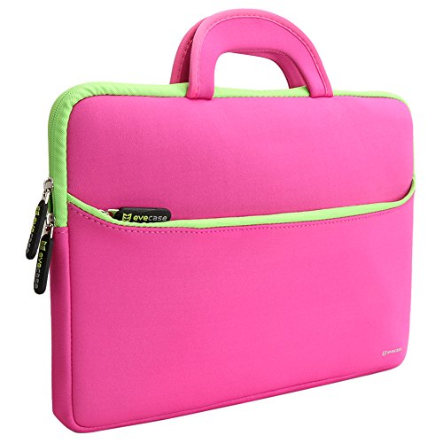 Evecase 13.3-14 inch Slim Portable Neoprene Carrying Laptop Sleeve Case Bag w/ Handles and Accessory Pocket (Hot Pink with Green Trim)