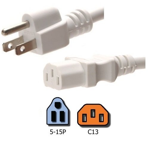 AC Power Cord 5-15P to C13 - 10 Foot, White, 10A/125V, 18/3 AWG - Iron Box Part # IBX-6012-10M
