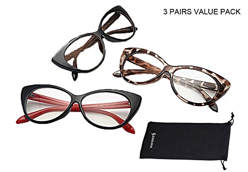 SOOLALA 3-Pair Value Pack Fashion Designer Cat Eye Reading Glasses for Womens