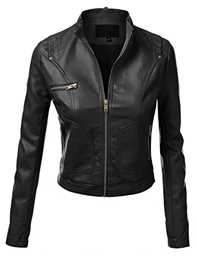 J.TOMSON Women's Faux Leather PU Moto Zip Up Jacket