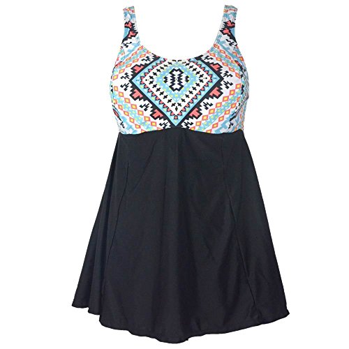 PZZ Geometric Print Plus Size Black Bathing Dress Push Up Swimsuit(FBA)