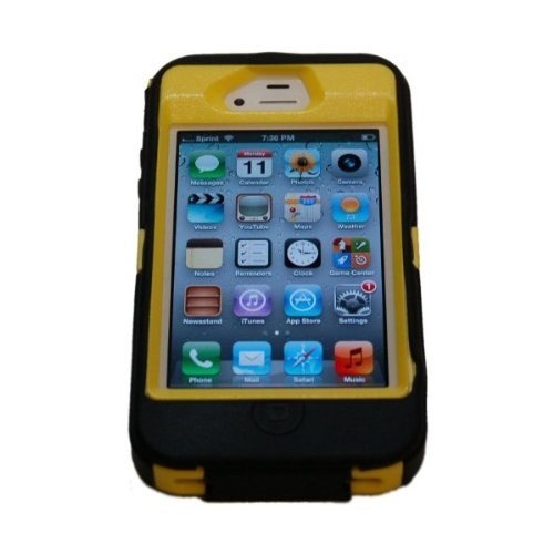 Iphone 4 4S Body Armor Defender + 1pc 3ft Data Cable (Black on Yellow)