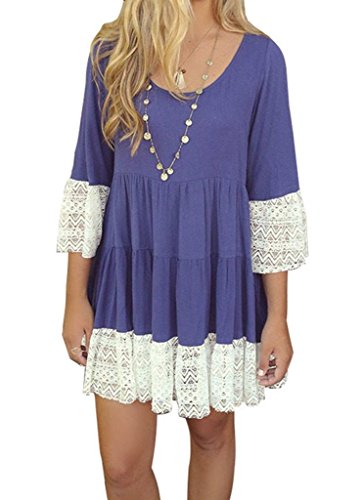 FANOVI Women's 3/4 Flare Sleeve Scoop Neck Crochet Lace Splice Loose Mini Dress
