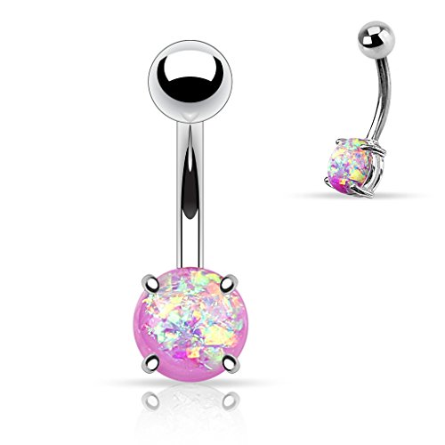 Opal Glitter Prong Set 316L Surgical Steel Belly Button Ring (Sold Individually)