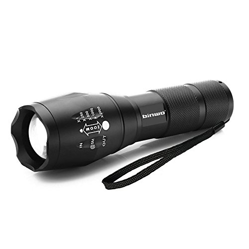 Binwo Super-Bright CREE-XML T6 2000 LM Rechargeable Handheld LED Flashlight, 5 Modes, Zoom Lens with Adjustable Focus – Water Resistant- For Hiking, Camping, cycling, Blackouts and other Outsports