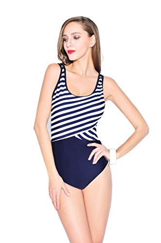 BRANDMAN Women's Retro Navy Blue Stripe One Piece Swimsuit
