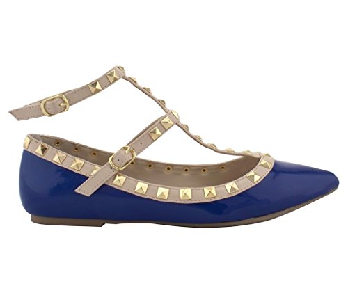 Wild Diva Pippa-35 New Women Pyramid Studded Ankle T-Strap Sandal Ballet Flat Pointy Toe SNJ Shoes