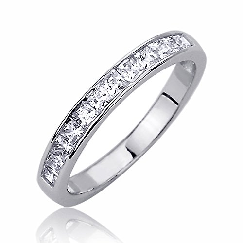 Sterling Silver 3mm Channel Set Princess Cut CZ Stackable Band Engagement Ring, Rhodium Plated