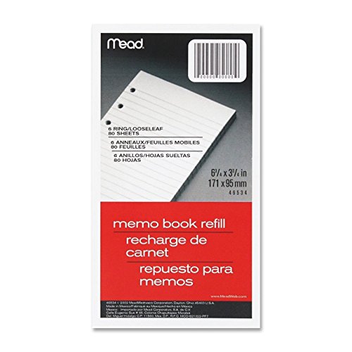 Mead Vinyl Loose-Leaf 6-Ring Memo Book Refill, College Rule, 6-3/4 x 3-3/4-Inch, White, 80 Sheets (46534)
