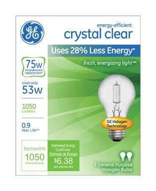 GE Lighting 78797 Energy-Efficient Crystal Clear 53-Watt (75-watt replacement) 1050-Lumen A19 Light Bulb with Medium Base, 2-Pack