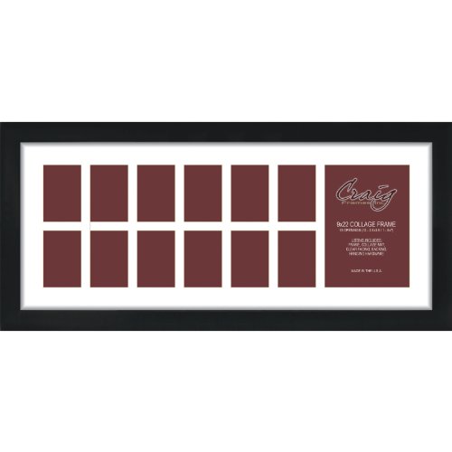 Craig Frames 9x22-Inch Black Picture Frame, Single White Collage Mat with 13 Openings