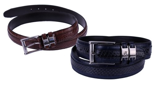 Stacy Adams 6-027 Genuine Snake Skin w/ Leather Embossed Croco and Lizard Mens Adjustable Belt, Nuckle Brushed Buckle