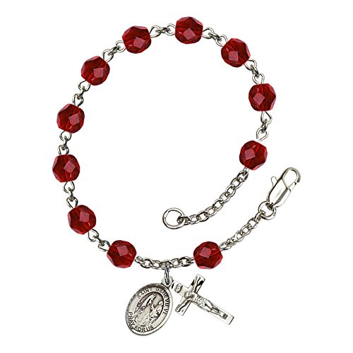 

Silver Plate Rosary Bracelet 6mm July Red Fire Polished Beads, Crucifix Size 5/8 x 1/4, St. Genevieve medal charm
