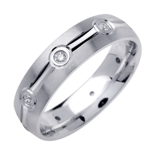 

14k White Gold with Satin Finish Diamonds Accent and Round Edges. 6mm Width Comfort Fit Unisex Wedding Band