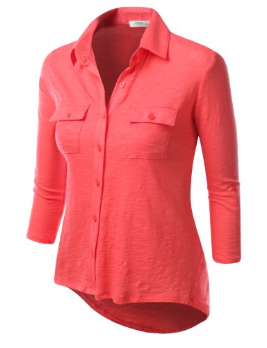 J.TOMSON Womens 3/4 Sleeve High Low Button Down Slub Shirt