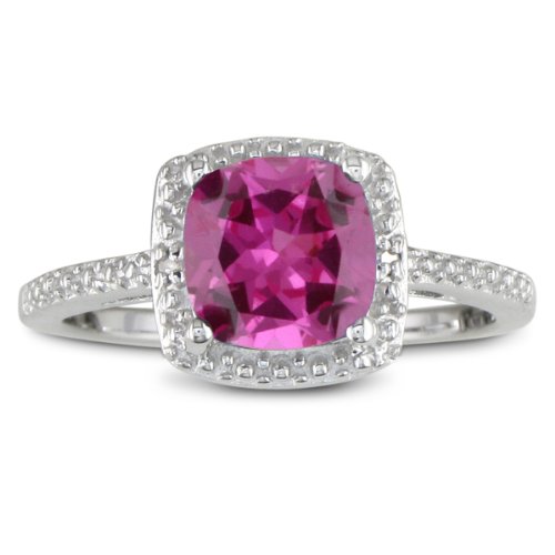 1 1/2ct Cushion Cut Created Pink Sapphire and Diamond Ring in Sterling Silver