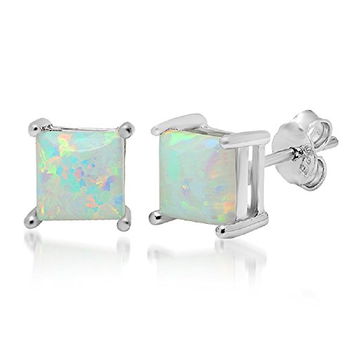 .925 Sterling Silver 6x6 Mm. Square Created Opal Stud Earrings