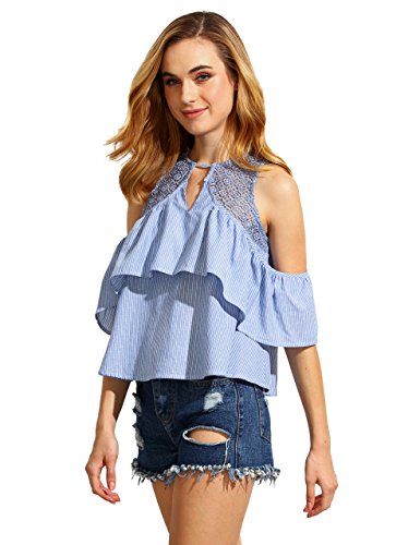 SheIn Women's Striped Ruffle Cold Shoulder Hollow out Back Blouse