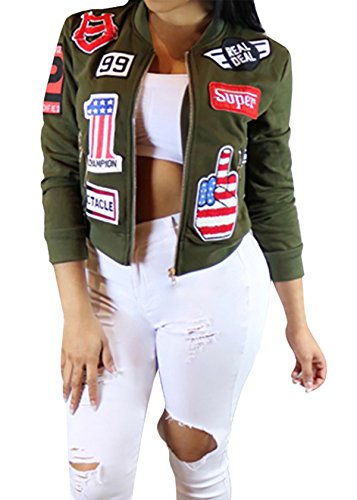 Farktop Women's Patchwork Pilot Bomber Zipper Jacket Coat