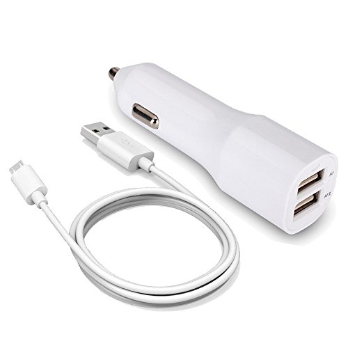 Samsung Galaxy S6 Charger, Elka 3.1A 2-Ports USB Car Charger with 3 Feet Micro USB Charging Cable - White