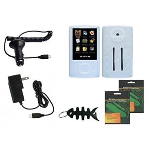 iShoppingdeals - Clear White Soft Skin Case Cover + Car Charger + AC Wall Charger + Screen Protector + Smart Headset Wrap for Samsung YP-R0 8GB MP3 Player