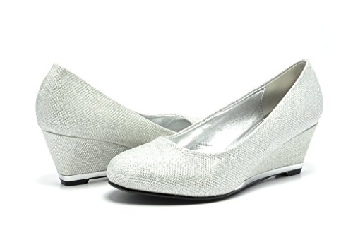 Sassy Sexy ELLE-2 New Women's Faux Suede/Glitter Upper Low Wedge Heels Pumps Shoes,ELLE-2-SILVER,9 B(M) US