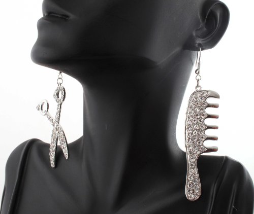 Silvertone with Clear Iced Out Scissor and Comb Dangle Earrings