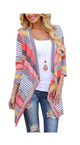 ARJOSA Women's Geometric Color Block 3/4 Sleeve Open Front Cardigan Shirt Top