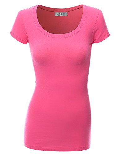 Doublju Women Short Sleeve Deep Round neck Simple Top