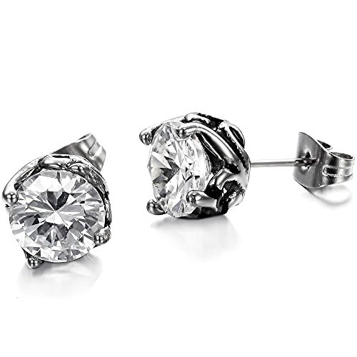 AmyRT Unisex Titanium Steel Round Cubic Zirconia Stud Earrings
