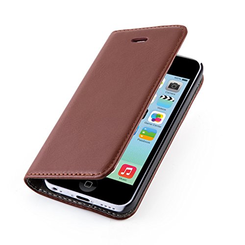 iPhone 5C Case, JAMMYLIZARD Leather [SWISS] Wallet Flip Cover, Brown with integrated magnetic closure