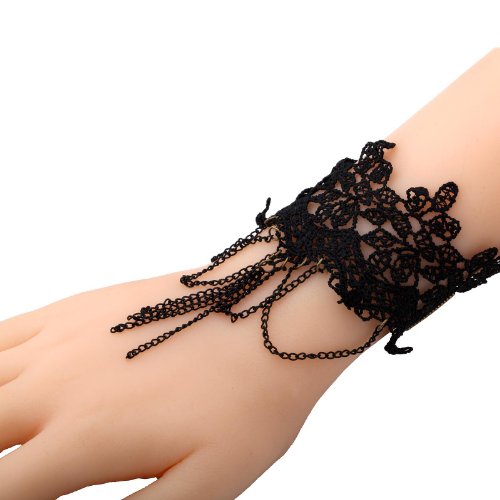 Yazilind Jewelry Lace Bracelet Ring Handmade Black Lace Chain Bracelet Pendant Desirable for Women
