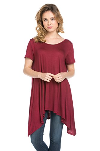 Frumos Womens Short Sleeve Comfy Loose Fit Handkerchief Hem Tunic Top