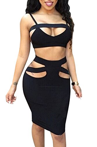 LaSuiveur Womens Two Pieces Skirts Halter Hollow Out Bandage Bodycon Dress Sets