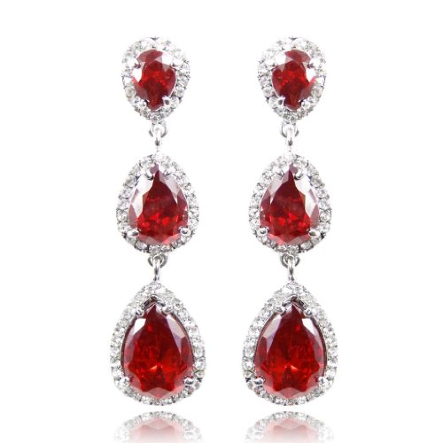 EVER FAITH® 3 Teardrop Zircon Pierced Earrings Red Austrian Crystal