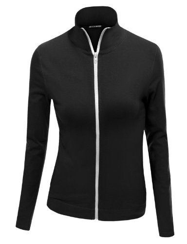 Doublju Womens High Neck Zip-up Cardan in Stretch Cotton Cardigans