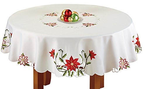 Poinsettia Scalloped Edge Christmas Tablecloth, Round