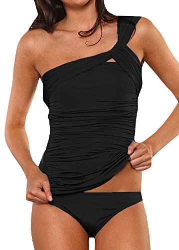 FISACE Women's One Shoulder Ruched Vintage Tankini Set Swimsuit (Large, Black)