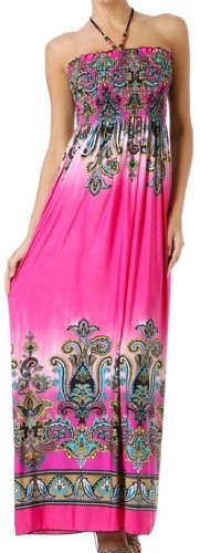 Sakkas Paisley Graphic Print Beaded Halter Smocked Bodice Maxi Dress
