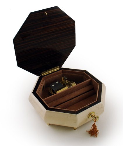 

Immaculate 30 Note Ivory Stain Octagonal Music Jewelry Box with Rose and Butterfly Inlay with 30 Note Tune-Jingle Bells