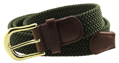 Braided Elastic Woven Stretch Solid Color Belt Gold with Brown Leather Buckle
