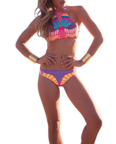 Creabygirls Womens Sexy Tropical Floral Print Two Piece Bikini Top and Bottom