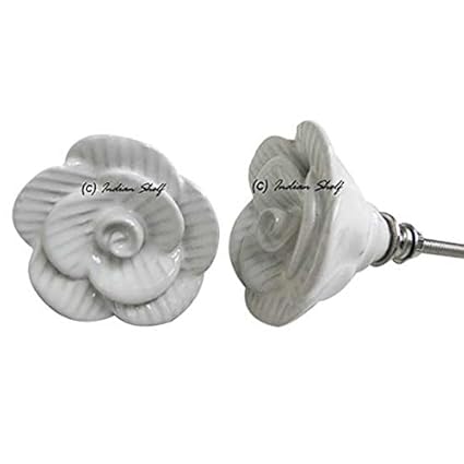 Ceramic White Rose Cabinet Knobs Furniture Handle Drawer Pull Set of 12 Pieces Vintage Designer Handmade