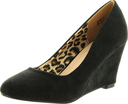 Bella Marie Womens Nine-5 Classic Almond Toe Mid Wedge Pump Slip On Shoes