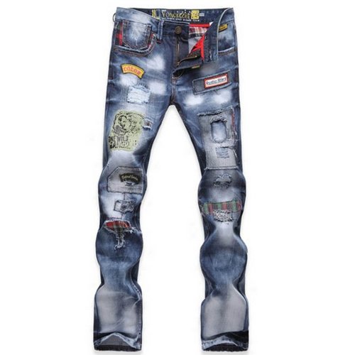 Fashion Mens Jeans Torn Jeans Patched Holey Washed Words Straight Leg Fitted LS