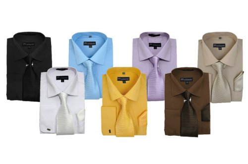 Milano Moda Solid Classic Dress Shirt with Tie, Hankie & French Cuffs SG27