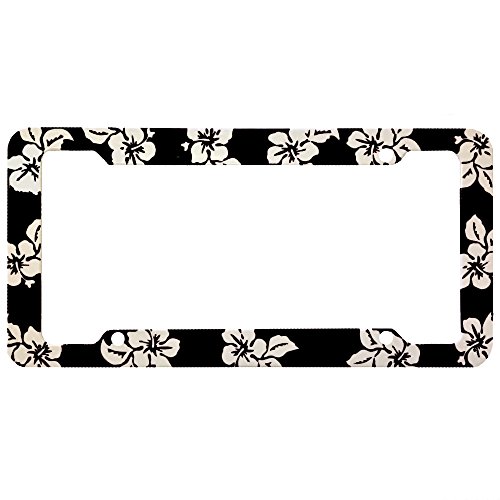 Black Hawaiian Hawaii Aloha Print with White Hibiscus Flowers Wild Series Car Truck SUV Plastic License Plate Frame