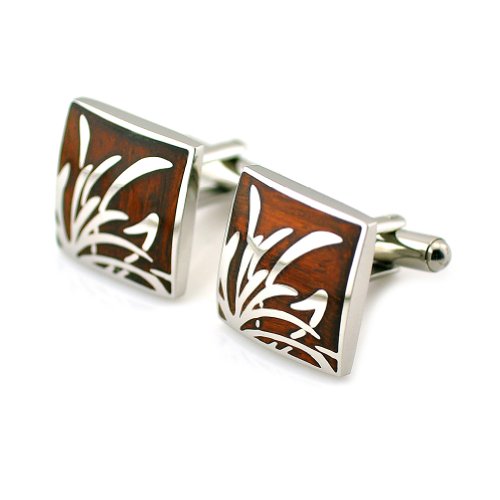 PenSee Unique Stainless Steel & Rosewood Floral Cufflinks for Men with Gift Box
