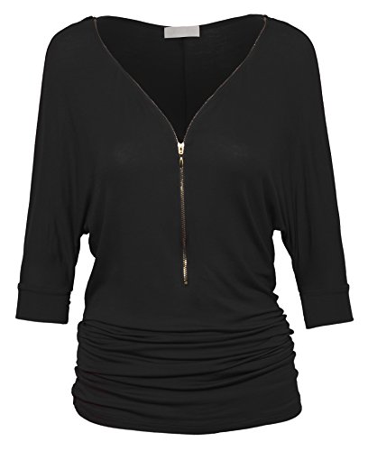 Women's V Neck Zip Front 3/4 Sleeve Side Ruched Casual Lightweight Tunic Top