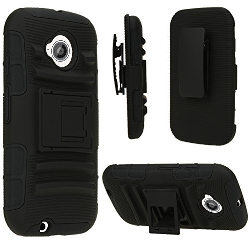 Moto e 2nd Gen Case, Moto e 2nd Gen Holster Case, SGM (TM) Hybrid Heavy Duty Rugged Dual Layer Armor Defender Case with Kickstand + Belt Clip Holster For Moto E 2nd Gen (Black)